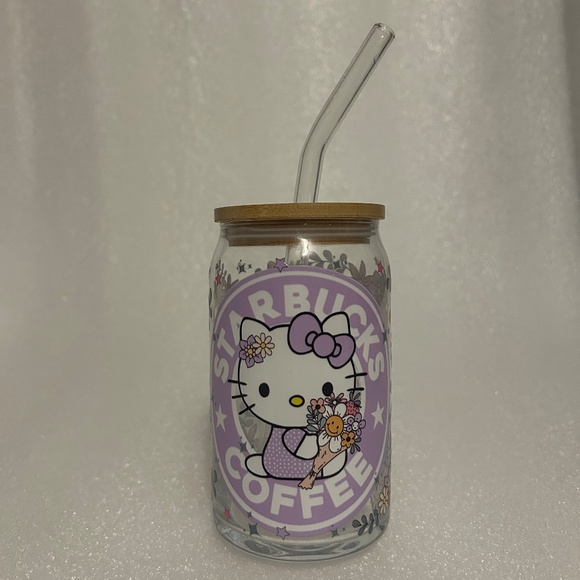 Hello Kitty Starbucks Floral Glass Libby Cup w/ Lid and Glass Straw- 16oz - Picture 3 of 5